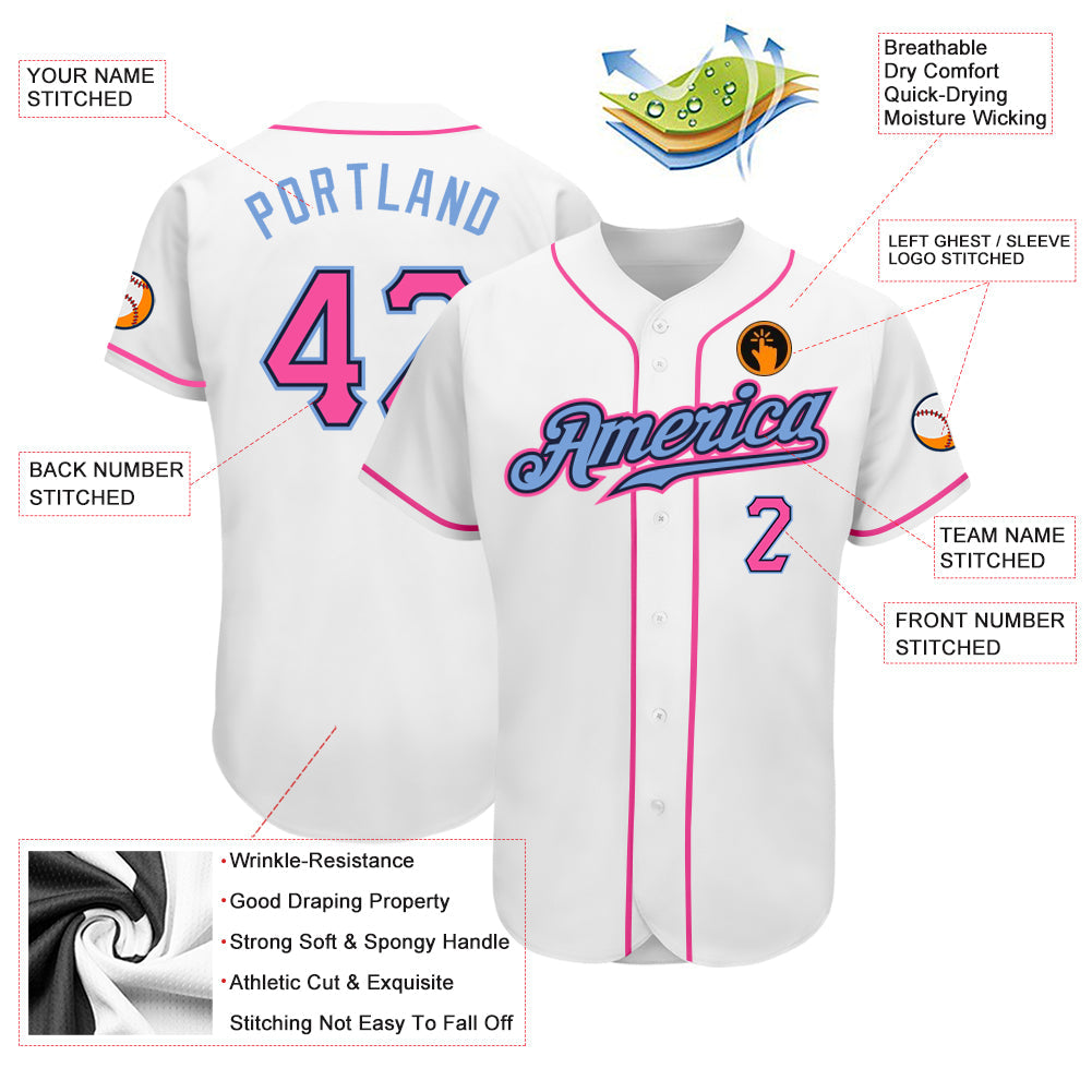 Custom White Pink-Light Blue Authentic Baseball Jersey