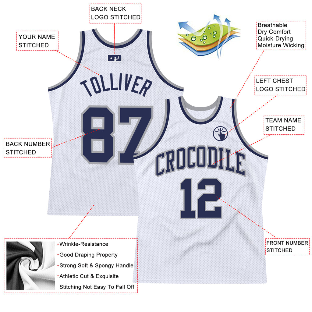 Custom White Navy-Gray Authentic Throwback Basketball Jersey