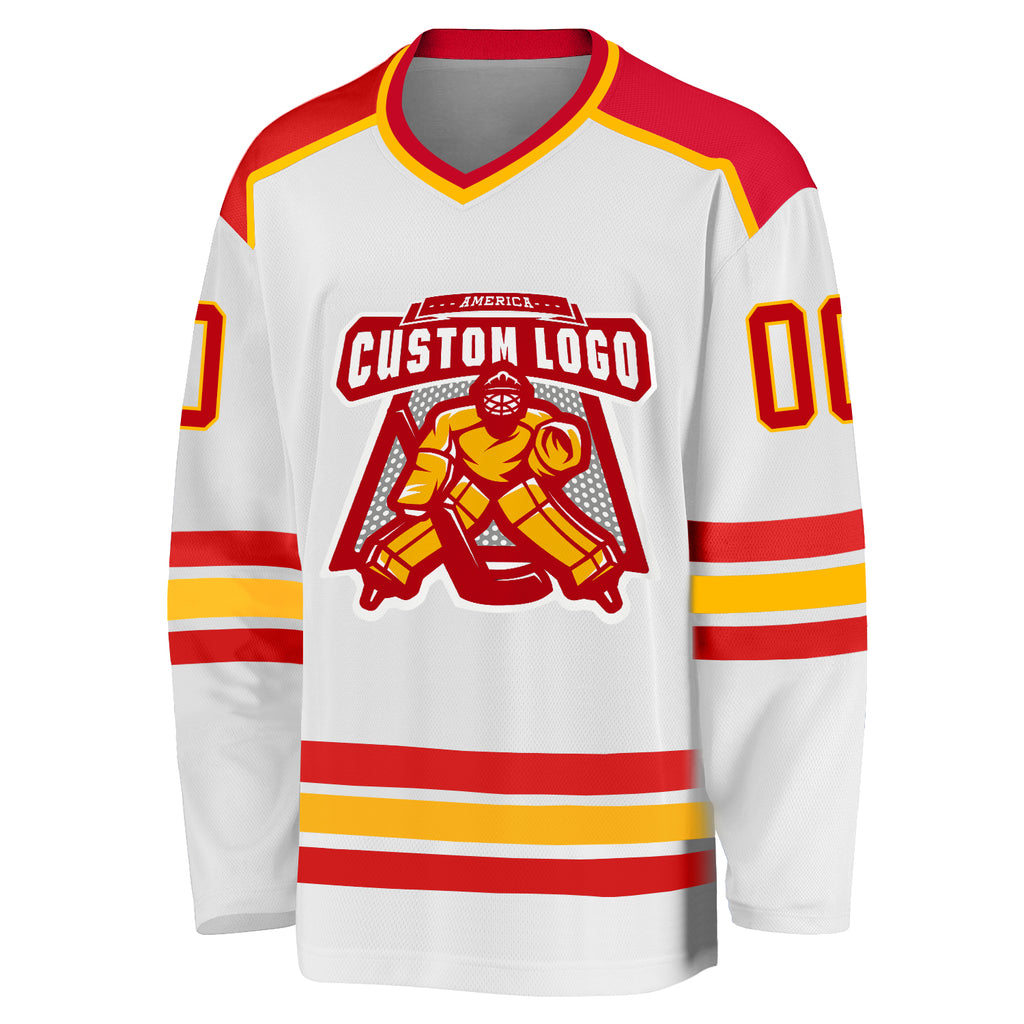 Custom White Red-Gold Hockey Jersey