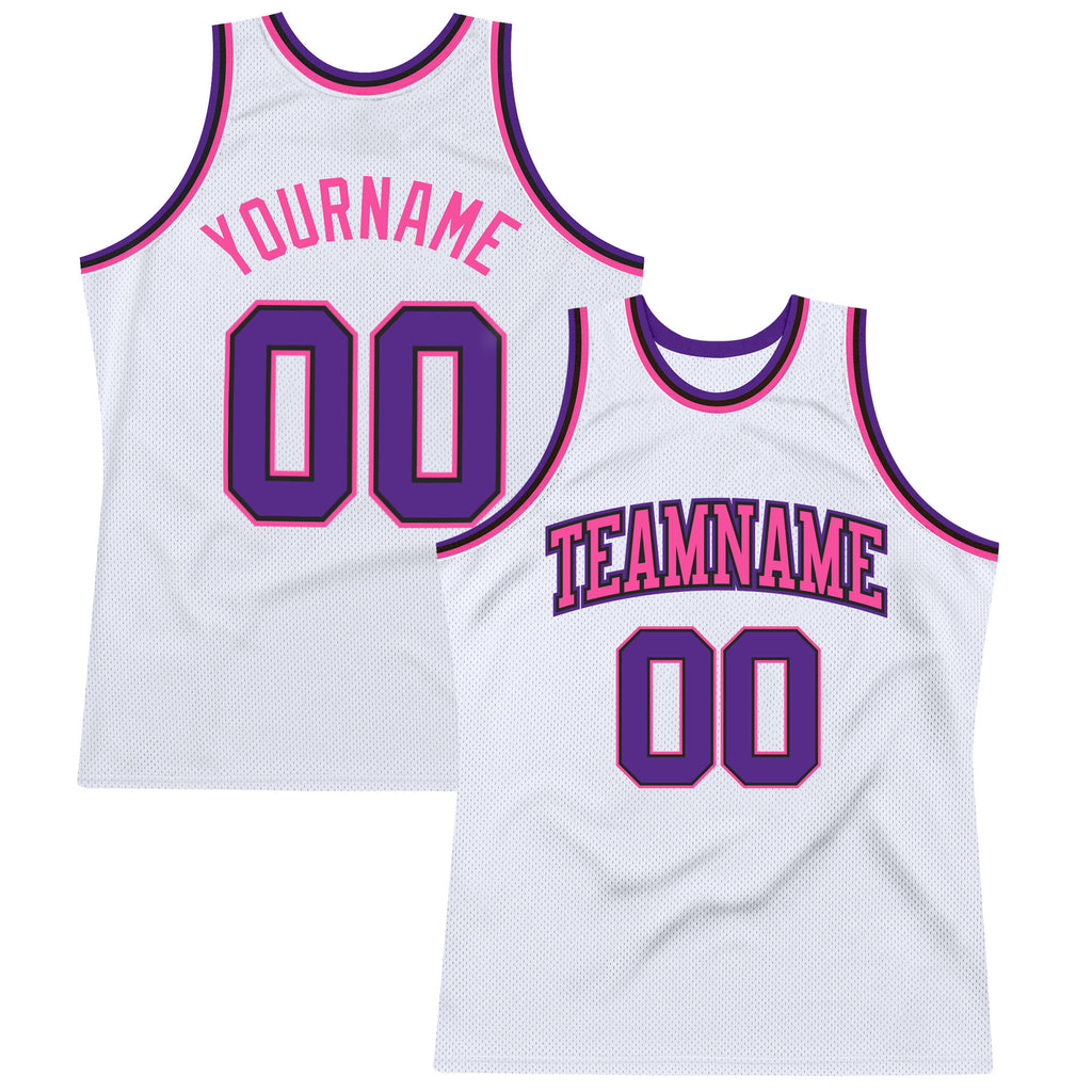 Custom White Purple Black-Pink Authentic Throwback Basketball Jersey