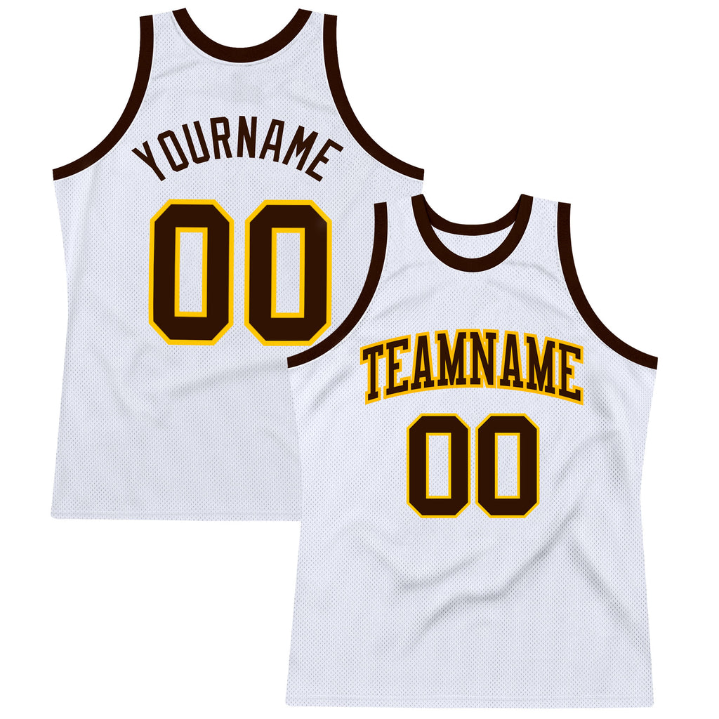 Custom White Brown-Gold Authentic Throwback Basketball Jersey