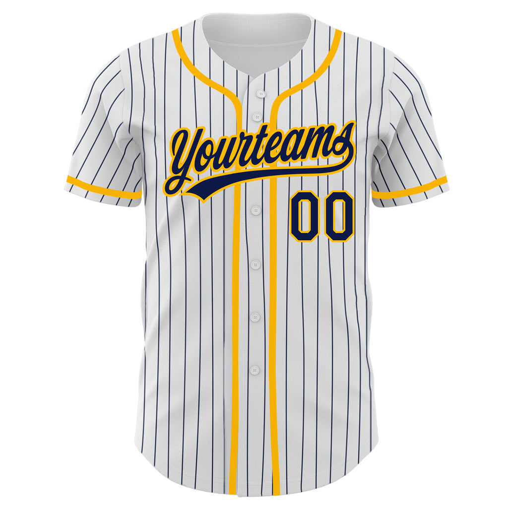 Custom White Navy Pinstripe Navy-Gold Authentic Baseball Jersey