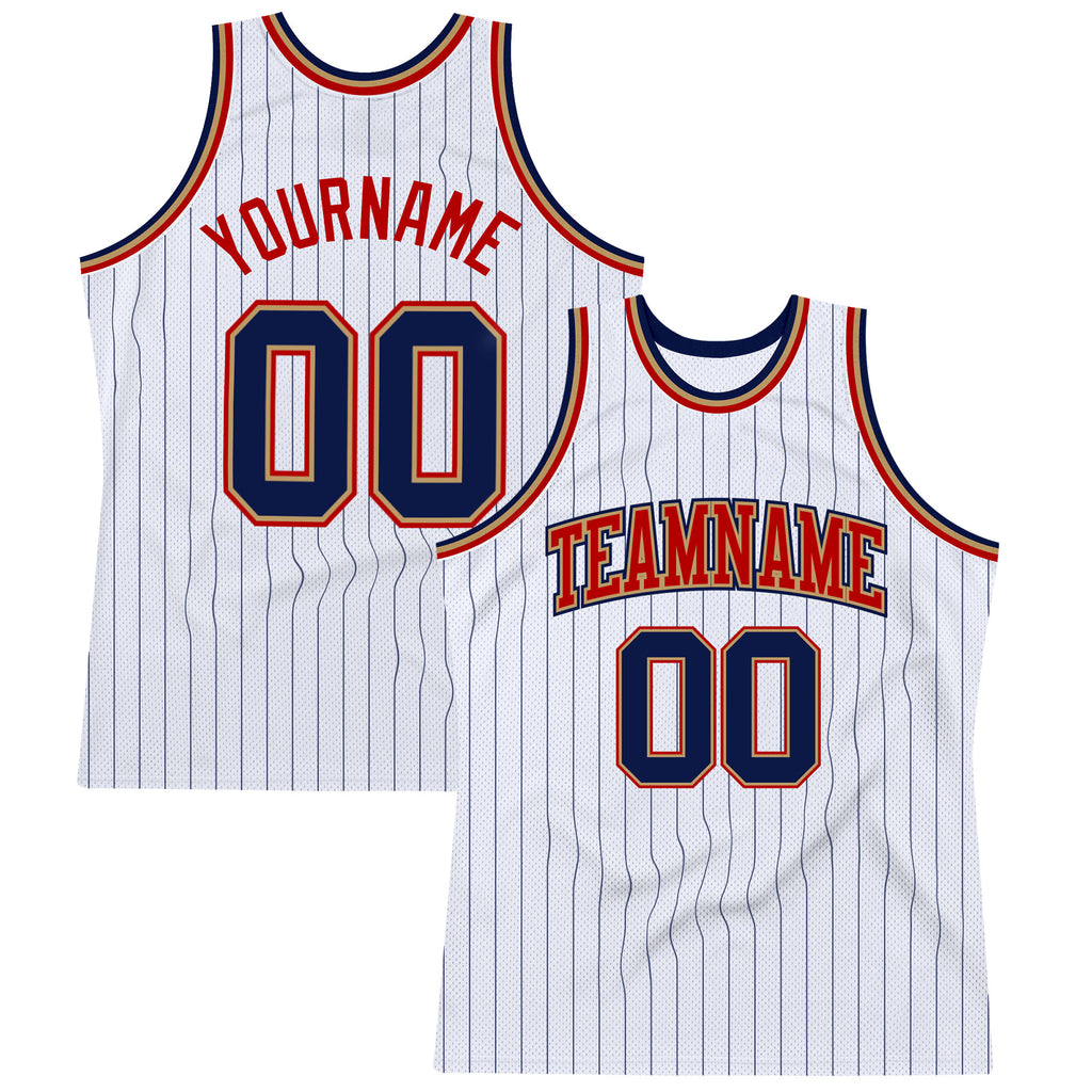 Custom White Navy Pinstripe Navy Old Gold-Red Authentic Basketball Jersey