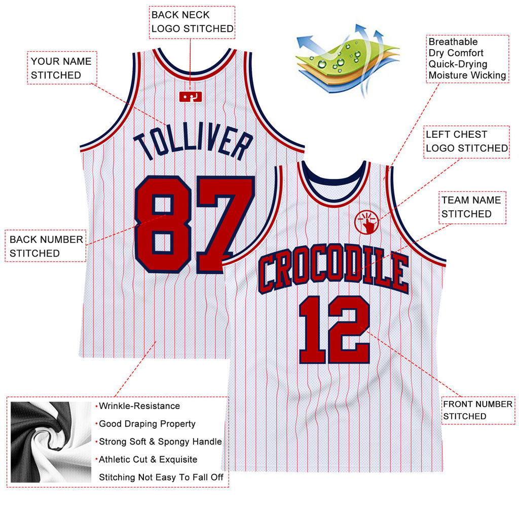 Custom White Red Pinstripe Red-Navy Authentic Basketball Jersey