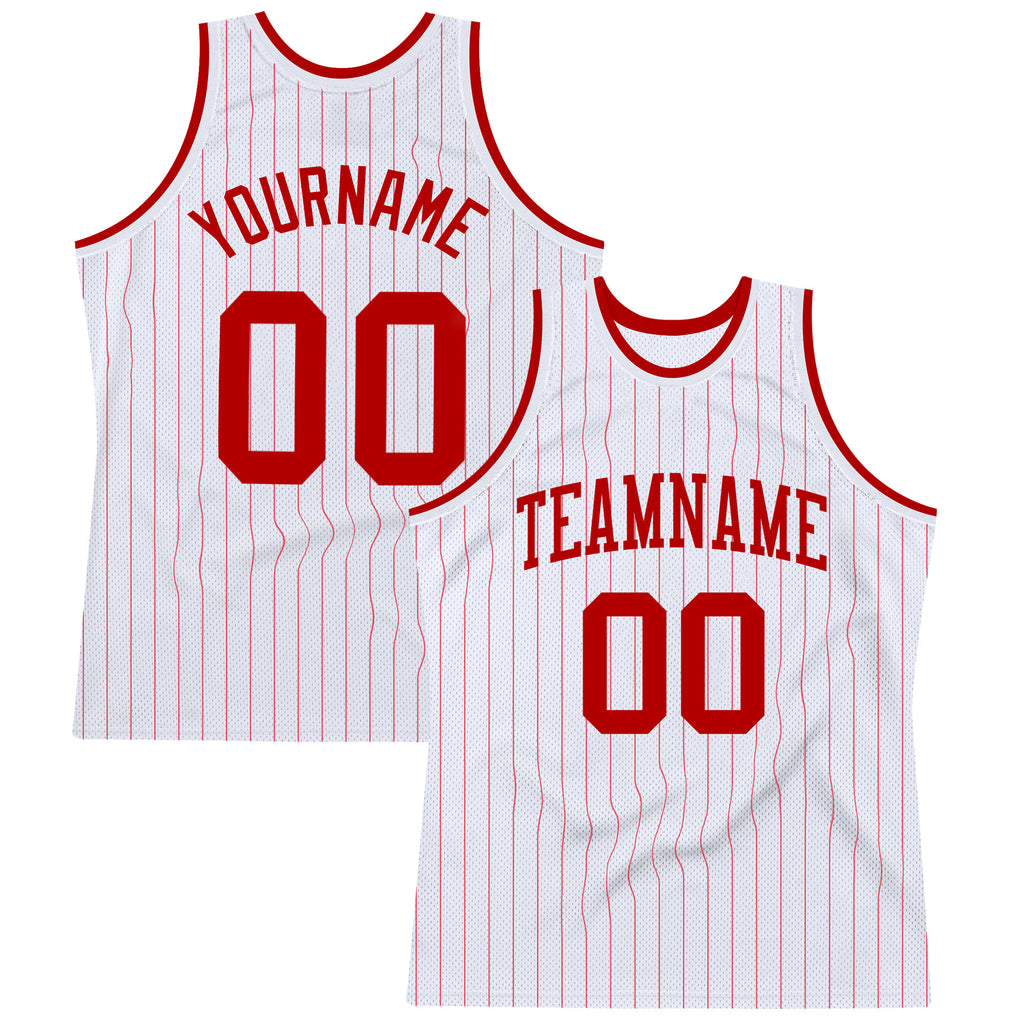 Custom White Red Pinstripe Red Authentic Basketball Jersey