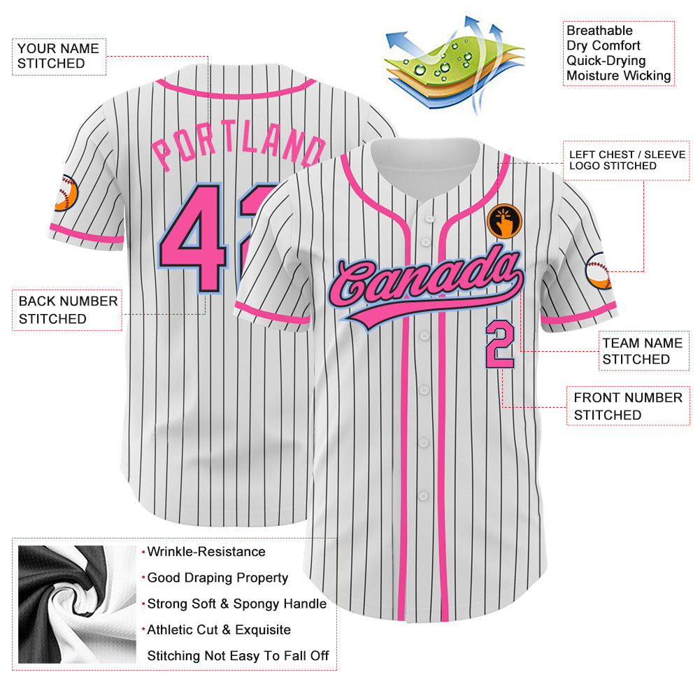 Custom White Black Pinstripe Pink-Light Blue Authentic Baseball Jersey