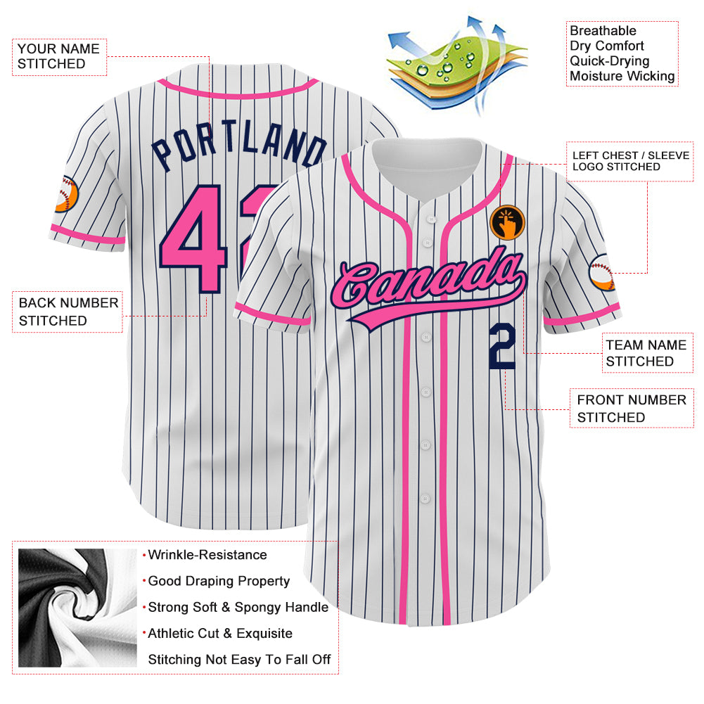 Custom White Navy Pinstripe Pink Authentic Baseball Jersey