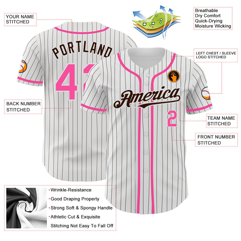 Custom White Brown Pinstripe Pink Authentic Baseball Jersey
