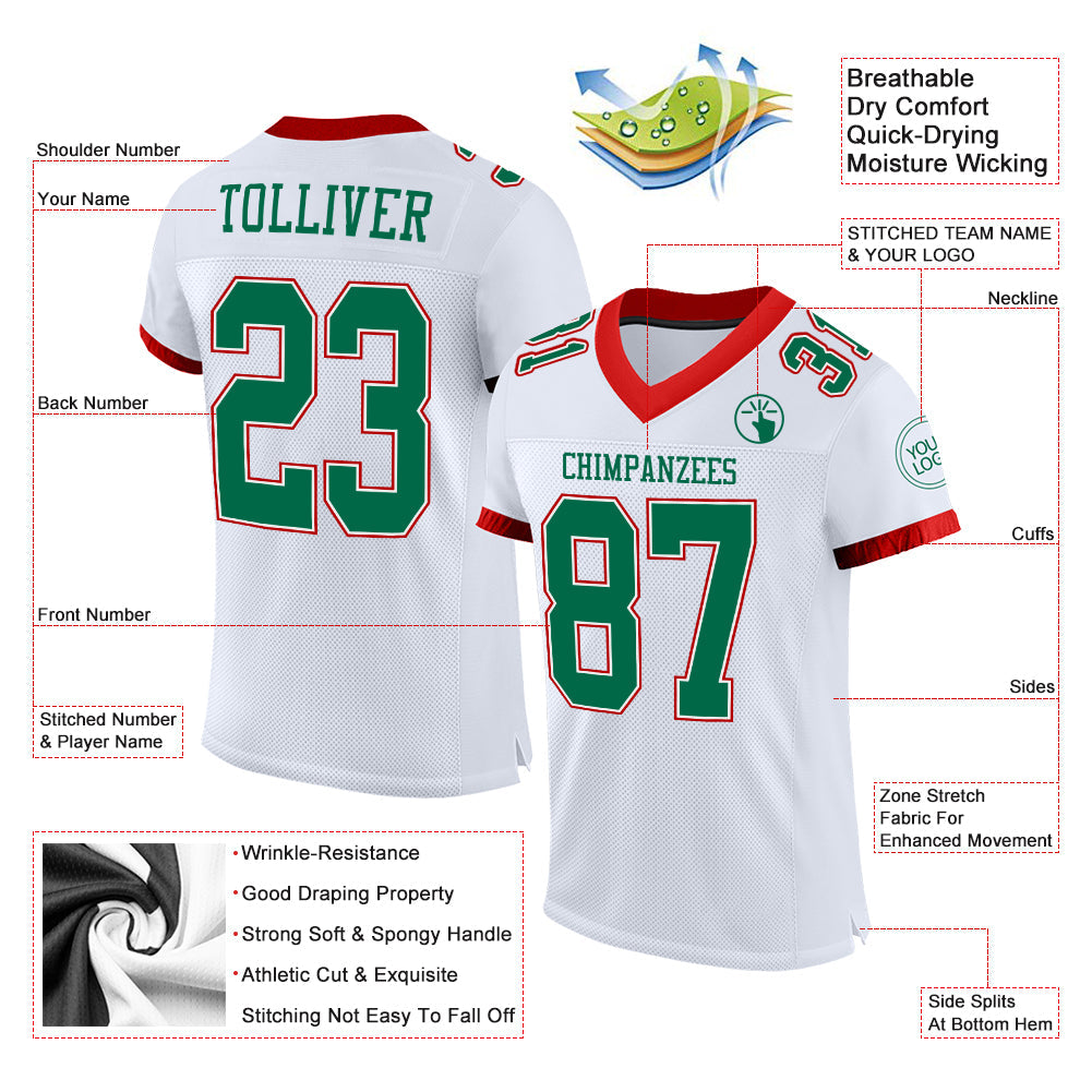 Custom White Kelly Green-Red Mesh Authentic Football Jersey