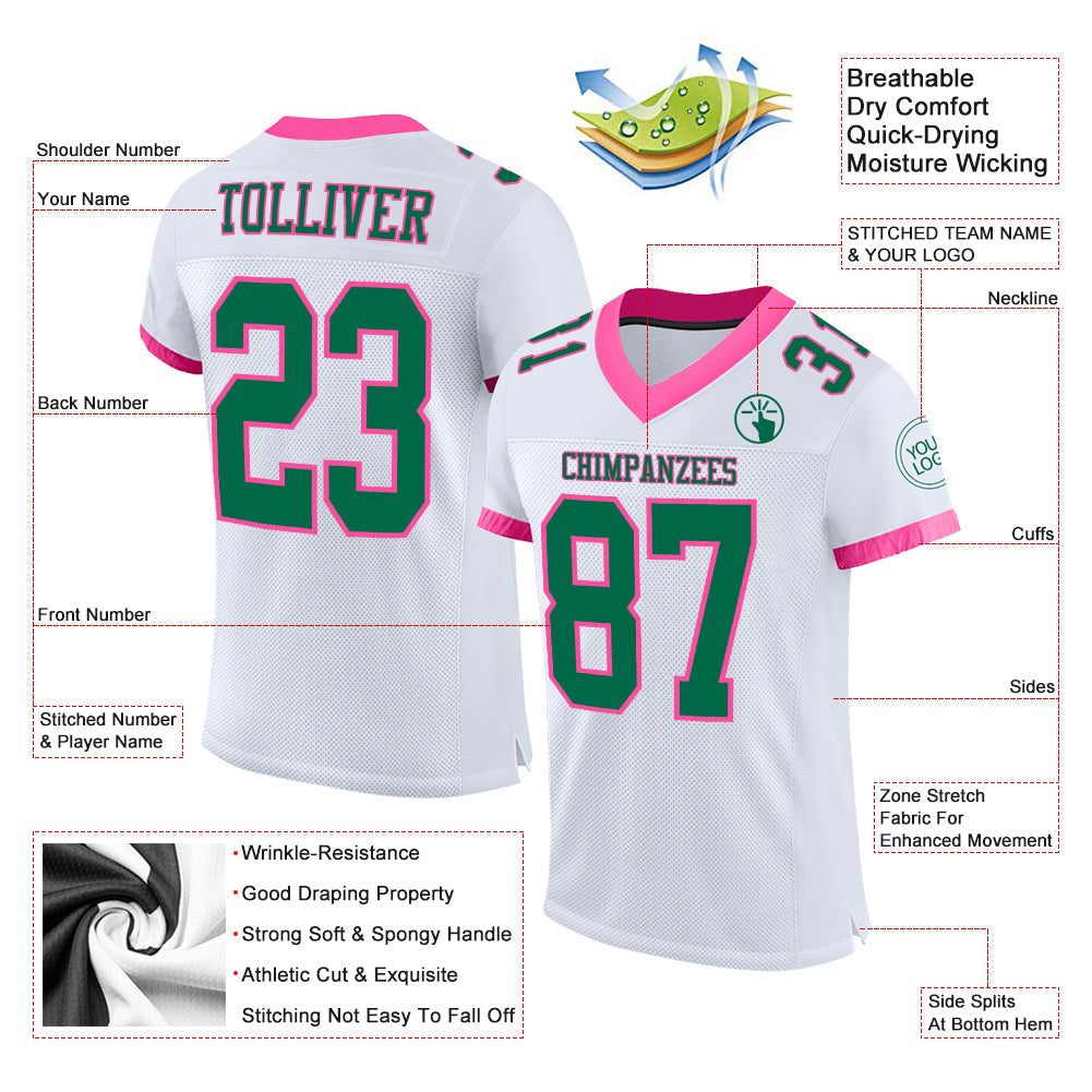 Custom White Kelly Green-Pink Mesh Authentic Football Jersey