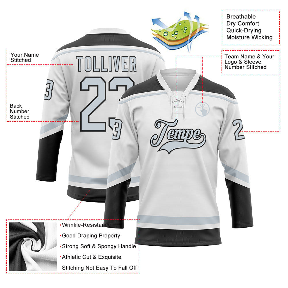 Custom White Silver-Black Hockey Lace Neck Jersey