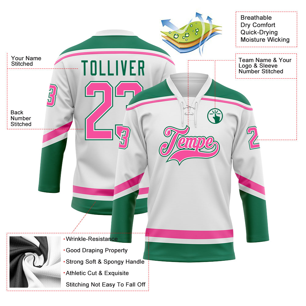 Custom White Pink-Kelly Green Hockey Lace Neck Jersey