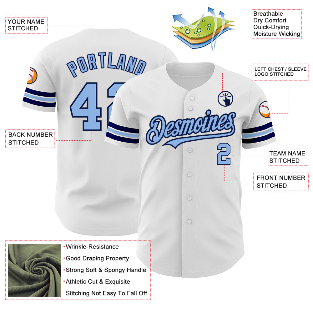 Custom White Light Blue-Navy Authentic Baseball Jersey