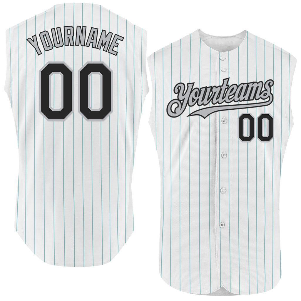 Custom White Teal Pinstripe Black Authentic Sleeveless Baseball Jersey