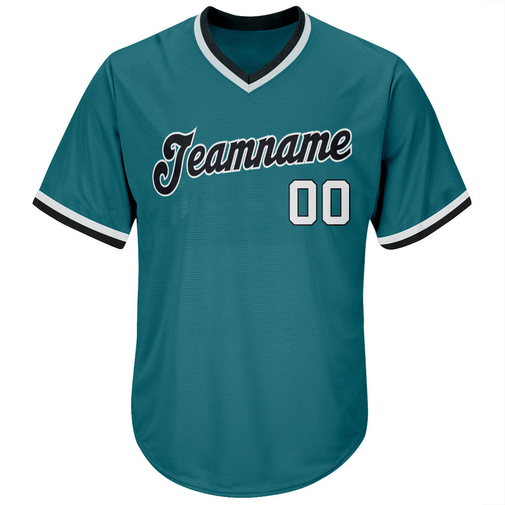 Custom aqua, white, and black authentic baseball jersey with stitched details and free shipping3