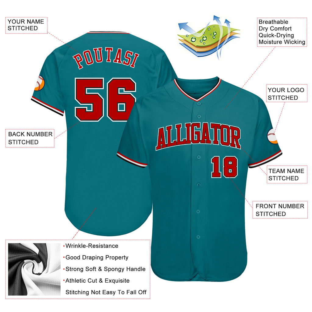 Custom Teal Red-Black Authentic Baseball Jersey