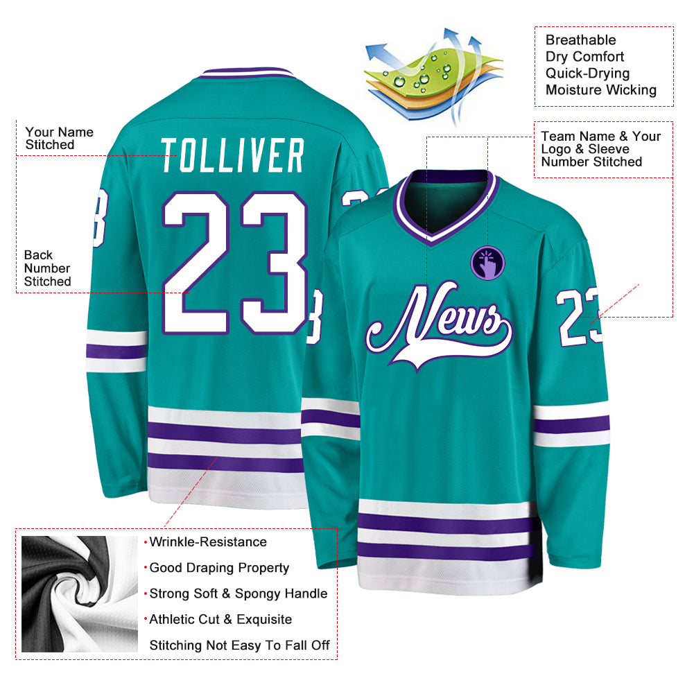 Custom aqua white-purple hockey jersey with free shipping3