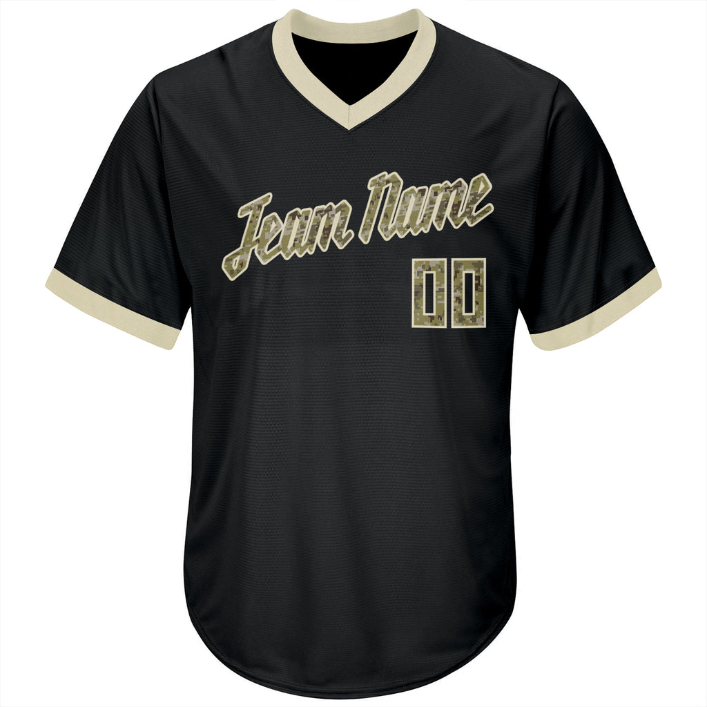 Custom Black Camo-Cream Authentic Throwback Rib-Knit Baseball Jersey Shirt
