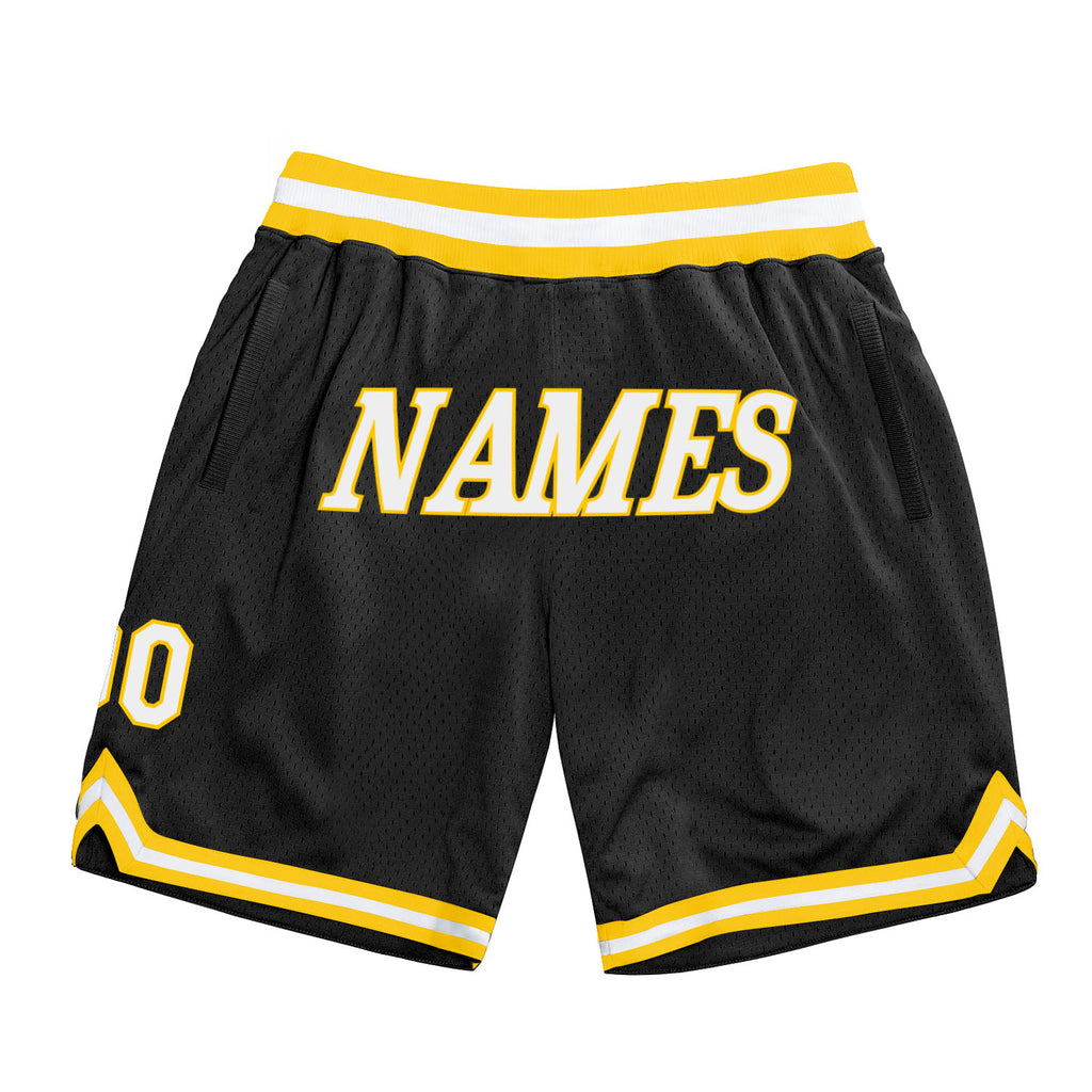 Custom Black White-Gold Authentic Throwback Basketball Shorts