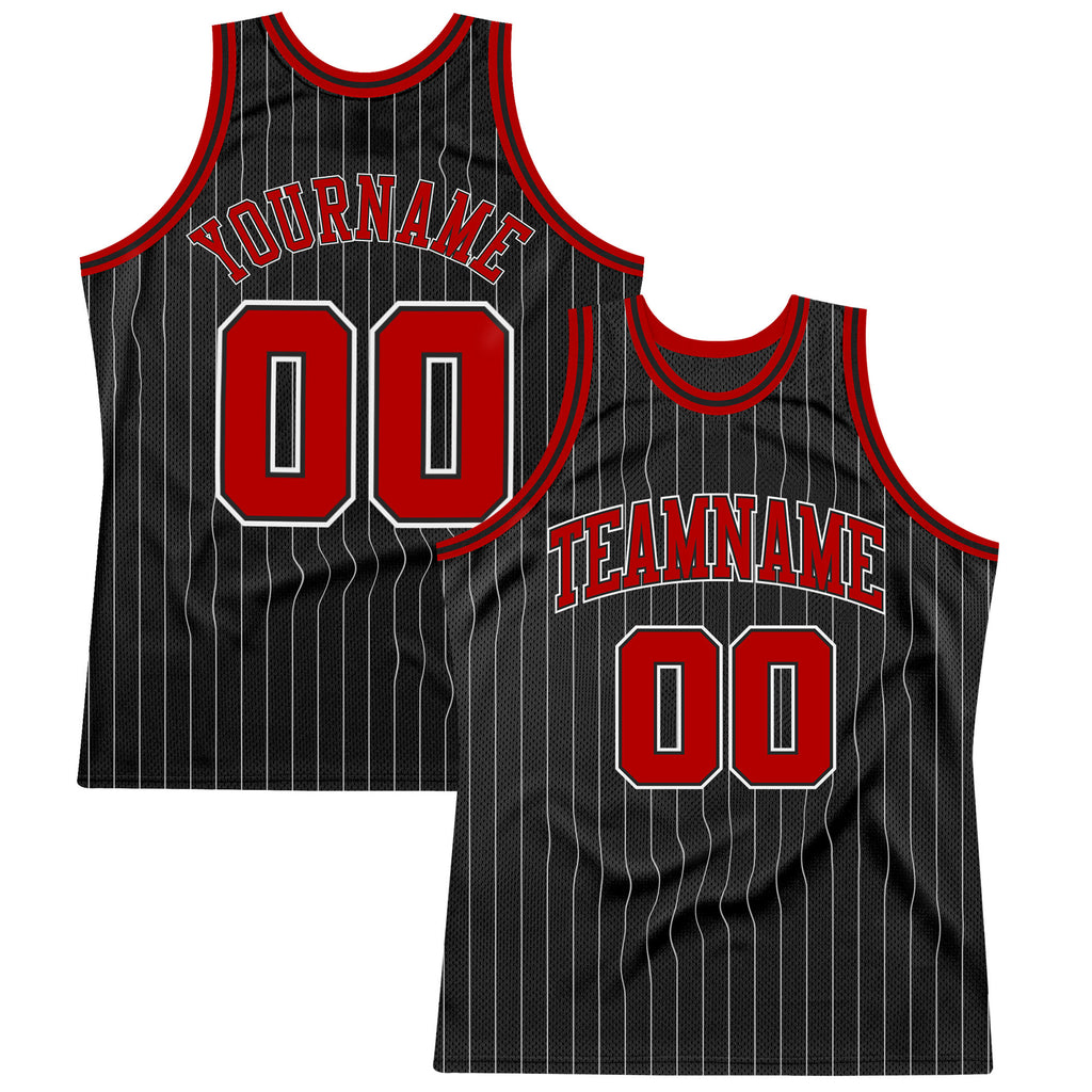 Custom Black White Pinstripe Red-White Authentic Throwback Basketball Jersey