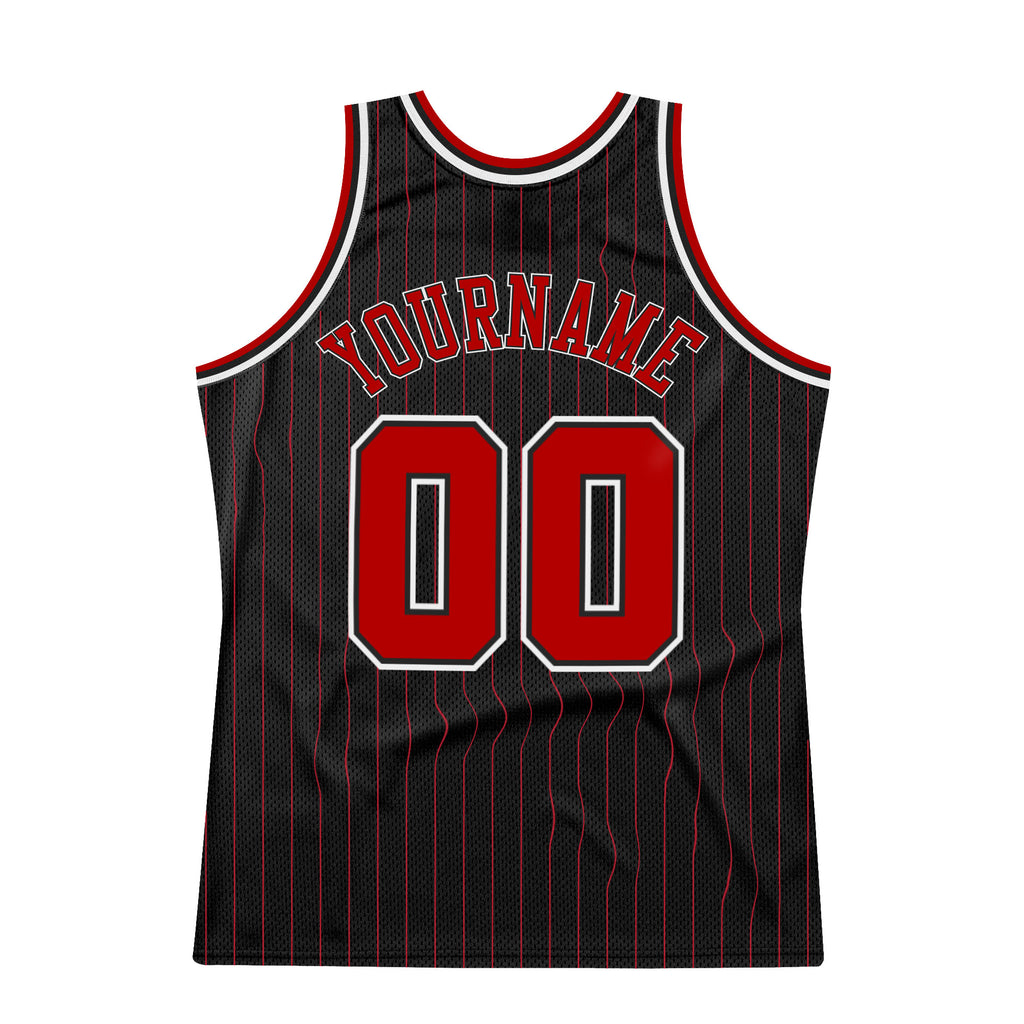 Custom Black Red Pinstripe Red-White Authentic Throwback Basketball Jersey
