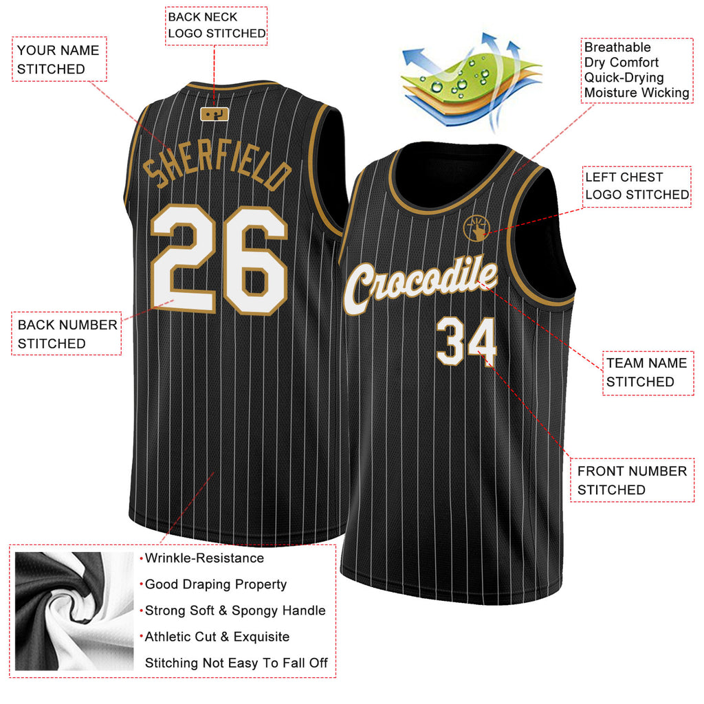 Custom Black White Pinstripe White-Old Gold Authentic Basketball Jersey