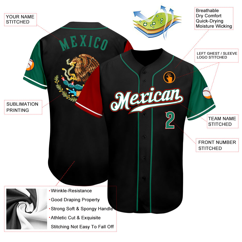 Custom Black Kelly Green-Red Authentic Mexico Baseball Jersey