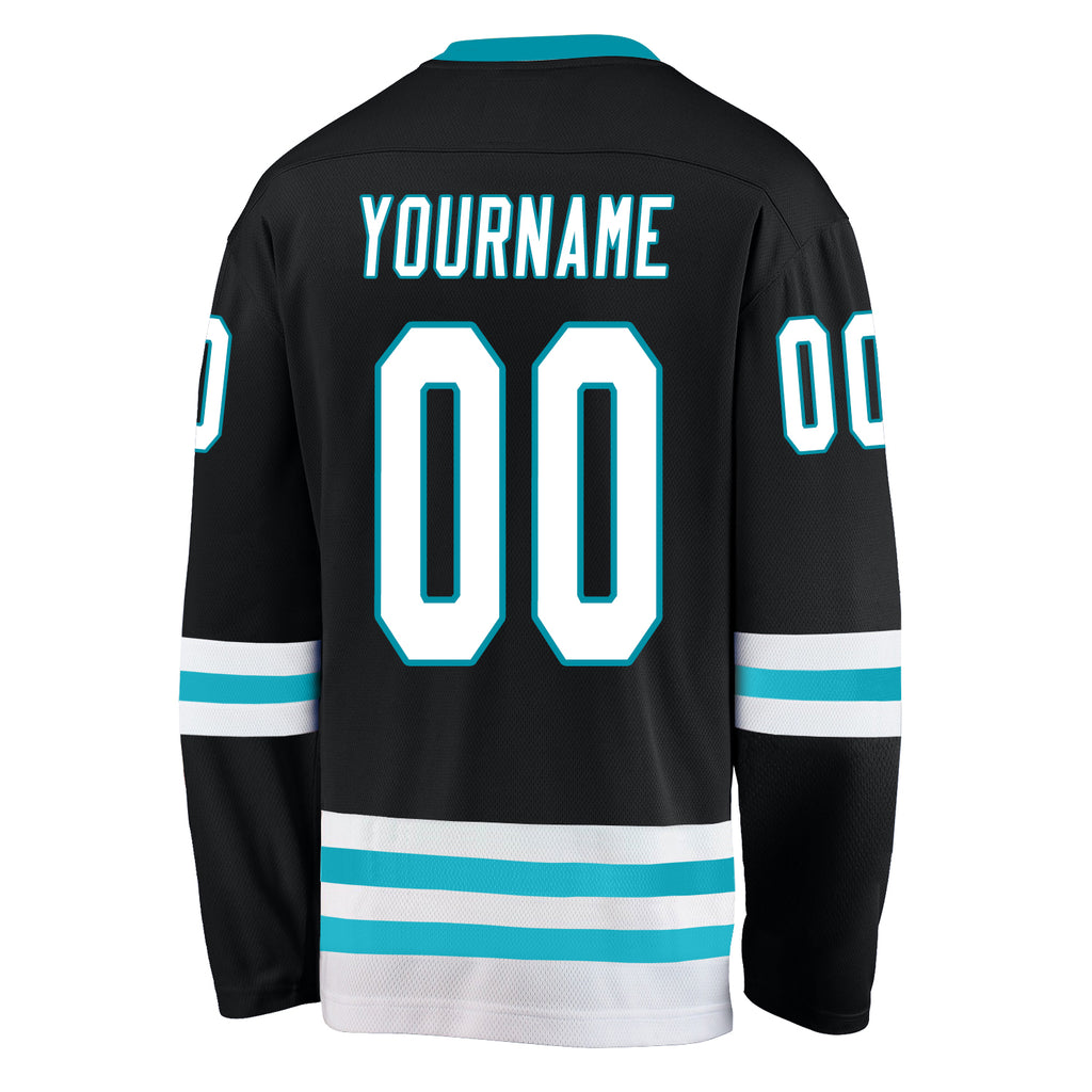 Custom Black White-Teal Hockey Jersey