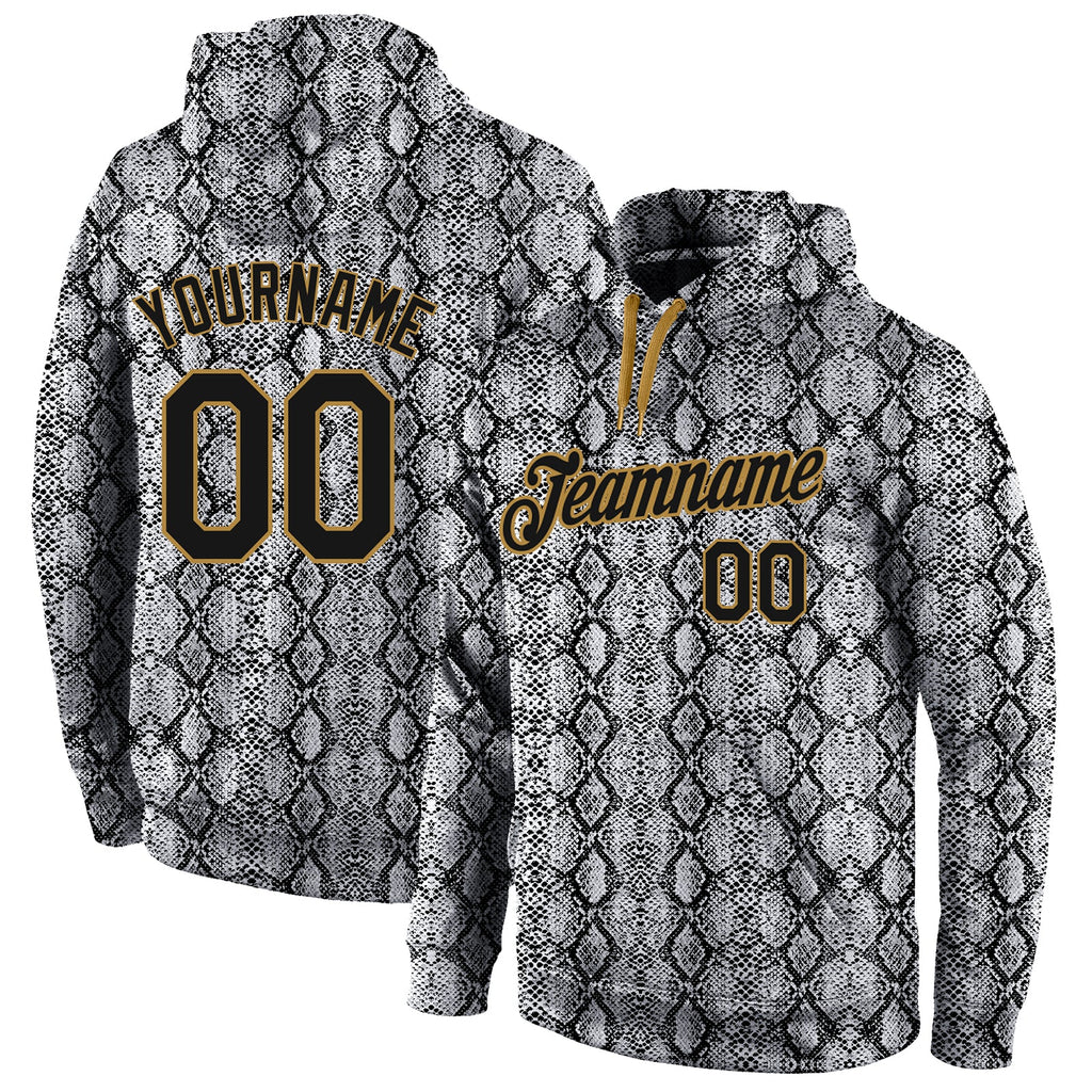 Custom Stitched Black Black-Old Gold 3D Pattern Design Snakeskin Sports Pullover Sweatshirt Hoodie