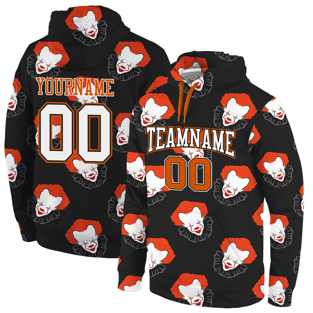 Custom Stitched Black White-Orange 3D Pattern Design Clown Sports Pullover Sweatshirt Hoodie