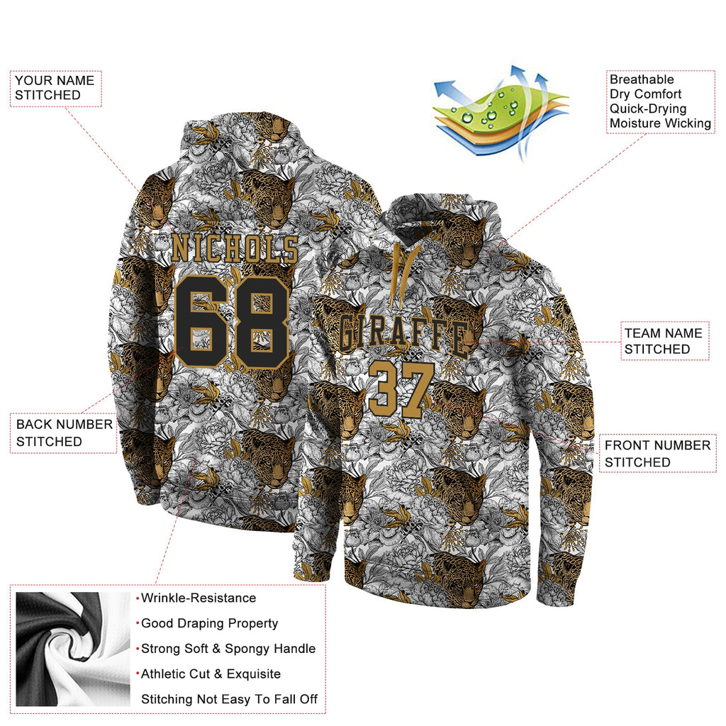 Custom Stitched Black Black-Old Gold 3D Pattern Design Leopard Sports Pullover Sweatshirt Hoodie