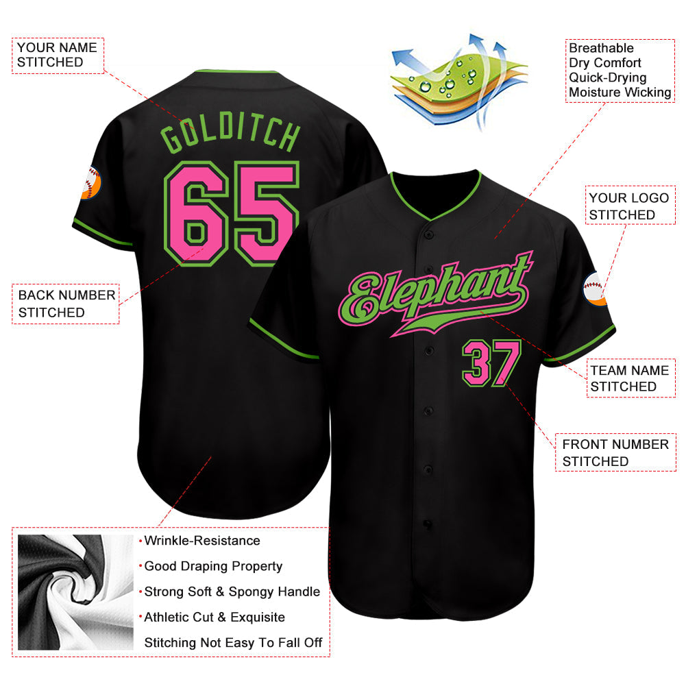 Custom Black Pink-Neon Green Authentic Baseball Jersey