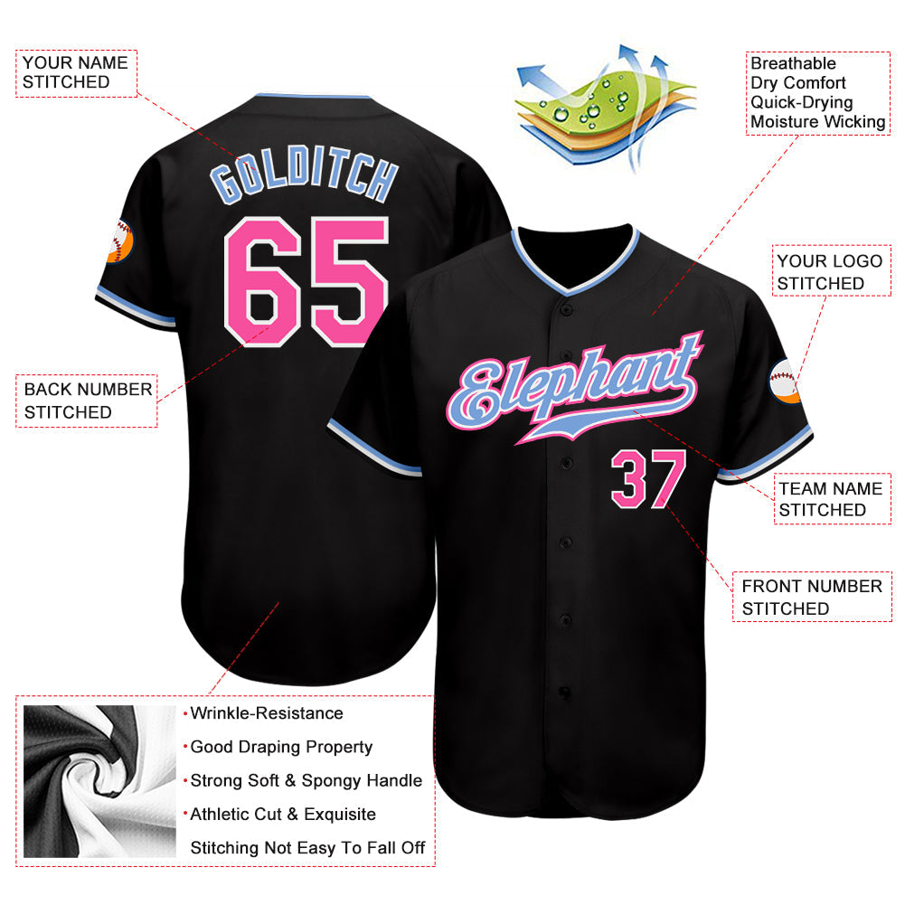 Custom Black Pink-Light Blue Authentic Baseball Jersey