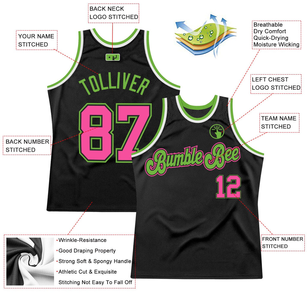 Custom Black Pink-Neon Green Authentic Throwback Basketball Jersey