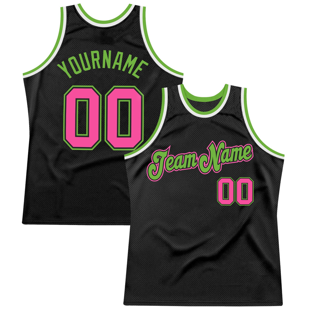Custom Black Pink-Neon Green Authentic Throwback Basketball Jersey