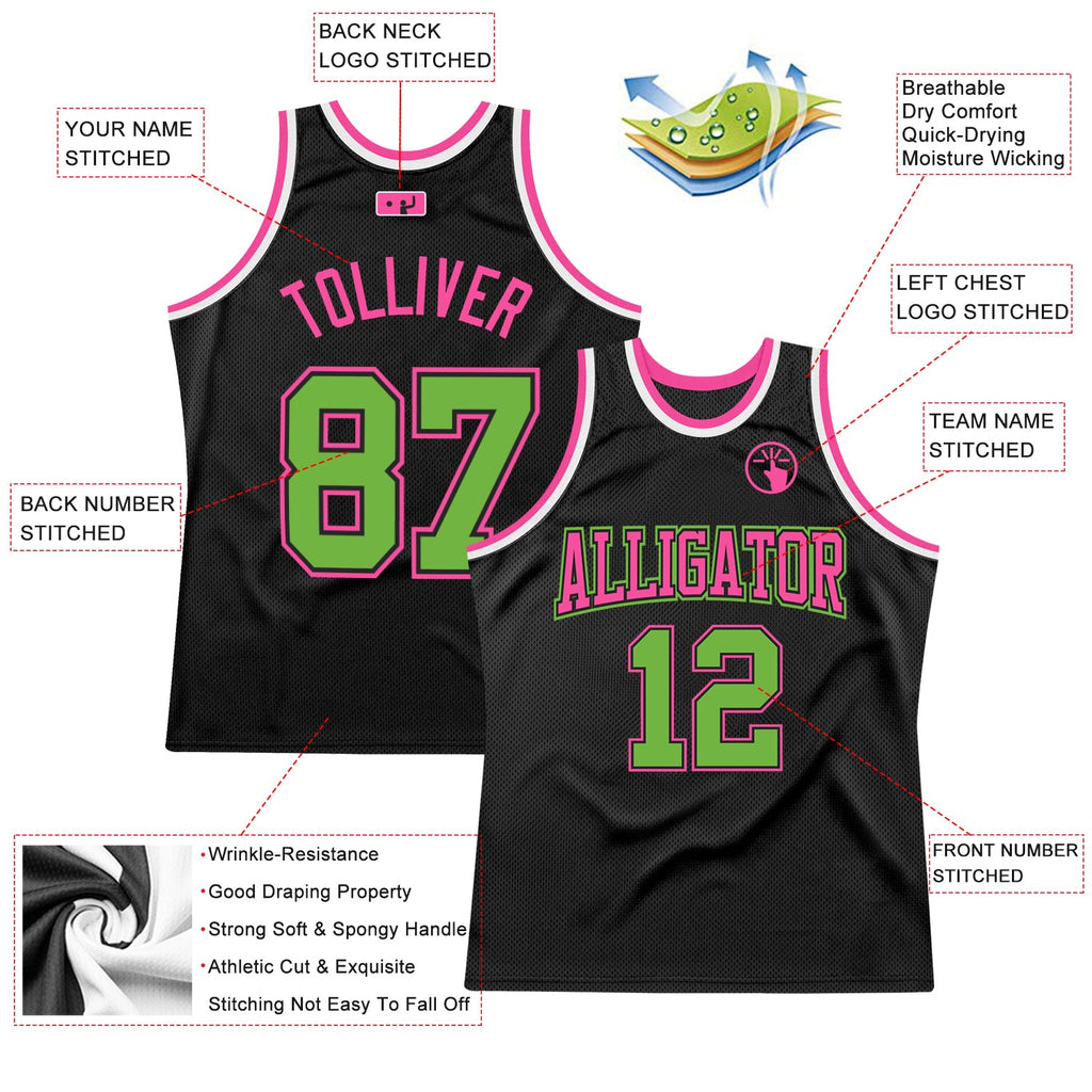 Custom Black Neon Green-Pink Authentic Throwback Basketball Jersey