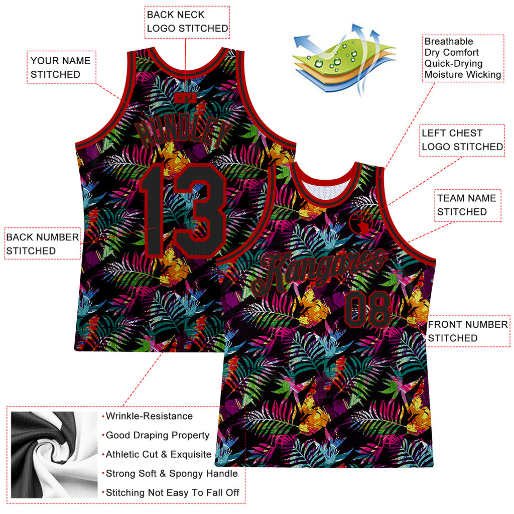 Custom Black Black-Red 3D Pattern Tropical Palm Leaves Authentic Basketball Jersey