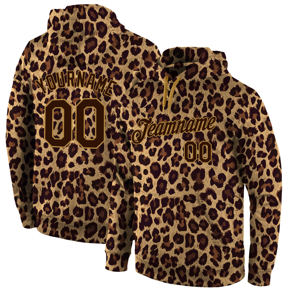 Custom Stitched Brown Brown-Old Gold 3D Pattern Design Leopard Sports Pullover Sweatshirt Hoodie