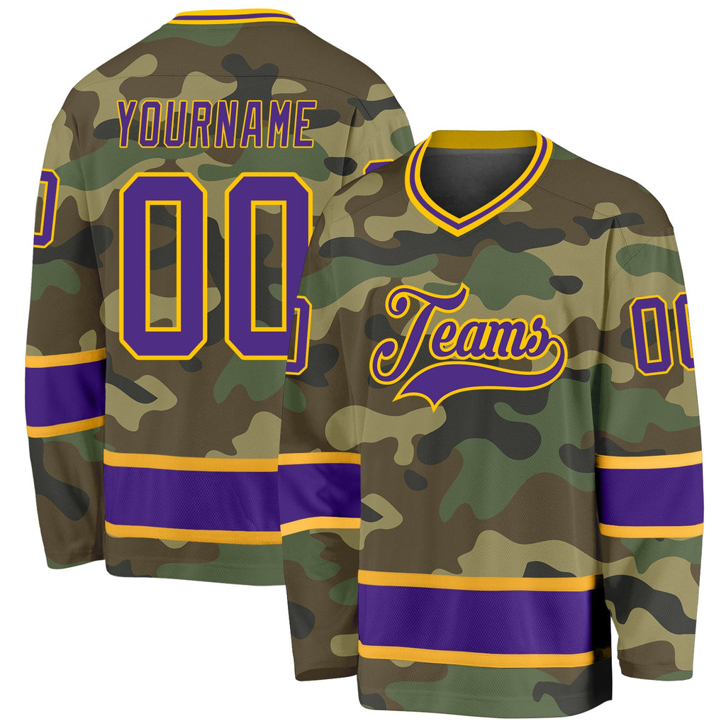 Custom Camo Purple-Gold Salute To Service Hockey Jersey