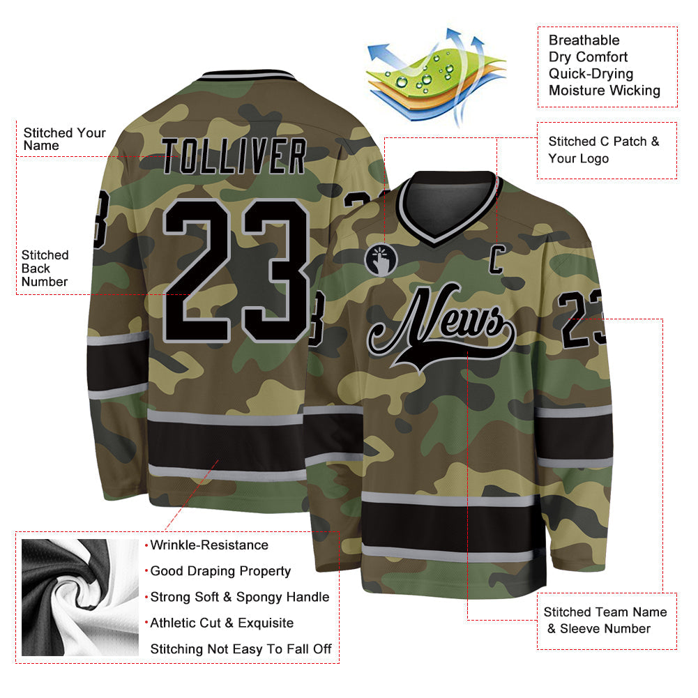 Custom Camo Black-Gray Salute To Service Hockey Jersey