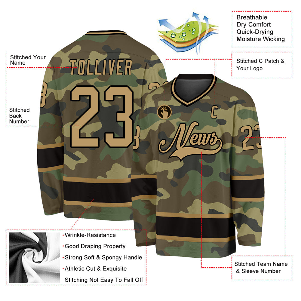 Custom Camo Old Gold-Black Salute To Service Hockey Jersey