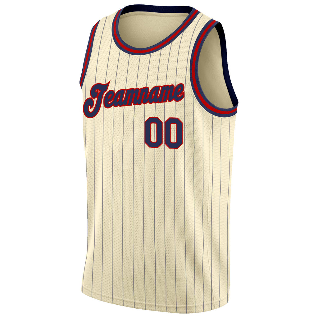 Custom Cream Navy Pinstripe Navy-Red Authentic Throwback Basketball Jersey