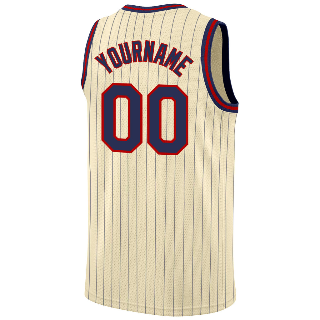 Custom Cream Navy Pinstripe Navy-Red Authentic Throwback Basketball Jersey