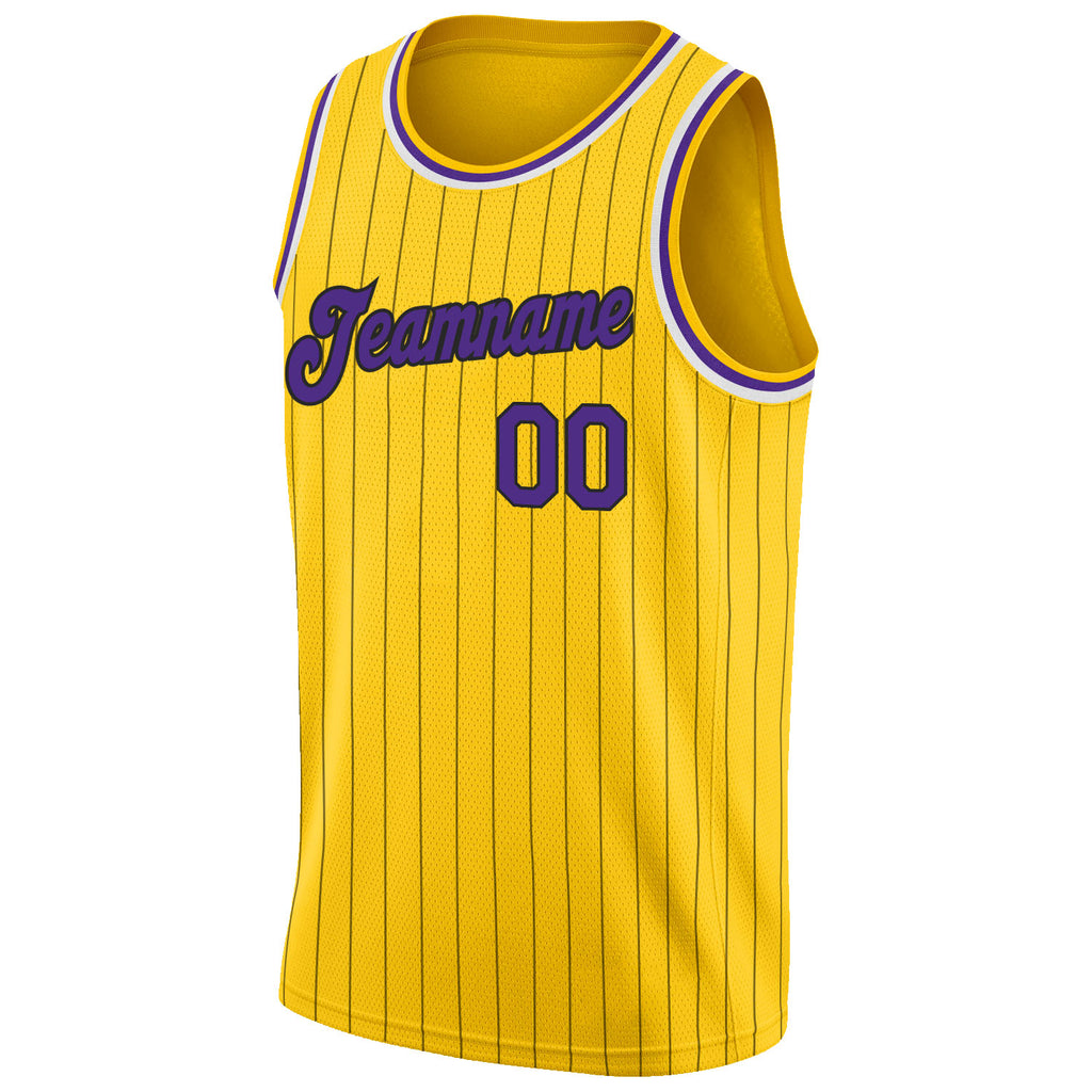 Custom Gold Black Pinstripe Purple-White Authentic Throwback Basketball Jersey