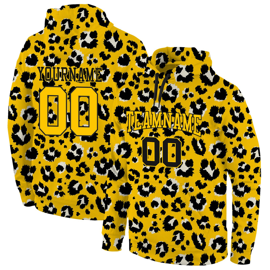 Custom Stitched Gold Gold-Black 3D Pattern Design Leopard Sports Pullover Sweatshirt Hoodie