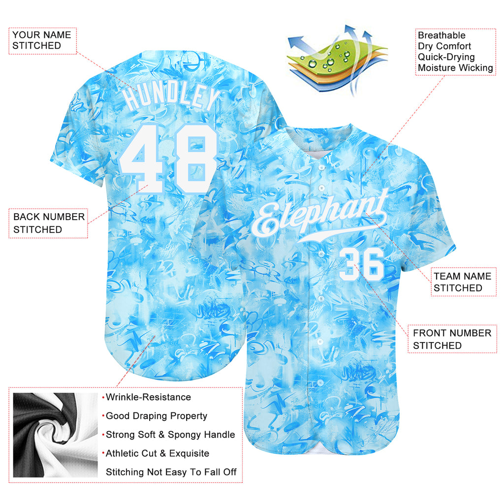 Custom Scratch Graffiti Pattern White-Light Blue 3D Authentic Baseball Jersey