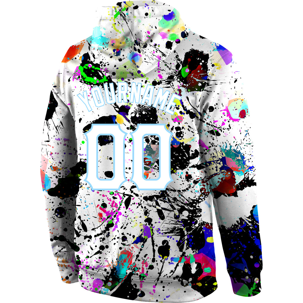 Custom Stitched Splashes Graffiti Pattern White-Light Blue 3D Sports Pullover Sweatshirt Hoodie