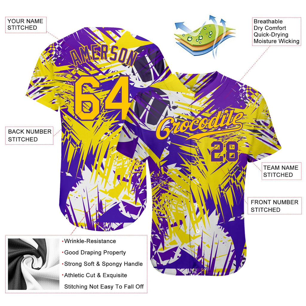 Custom Graffiti Pattern Gold-Purple 3D Authentic Baseball Jersey