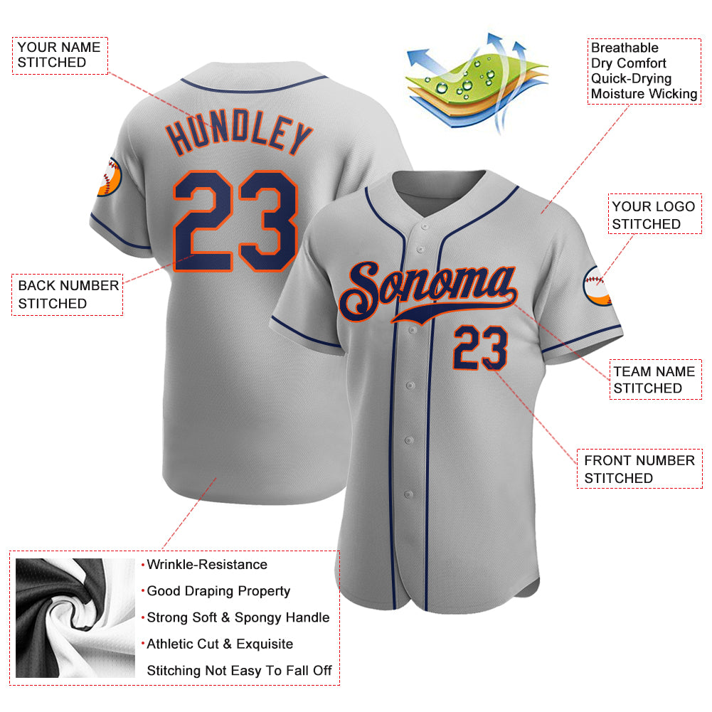 Custom Gray Navy-Orange Authentic Baseball Jersey