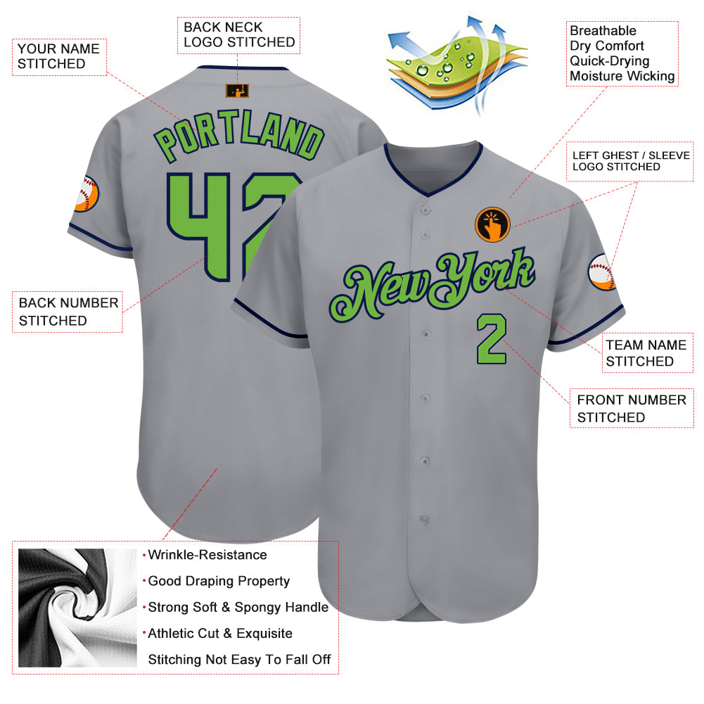 Custom Gray Neon Green-Navy Authentic Baseball Jersey
